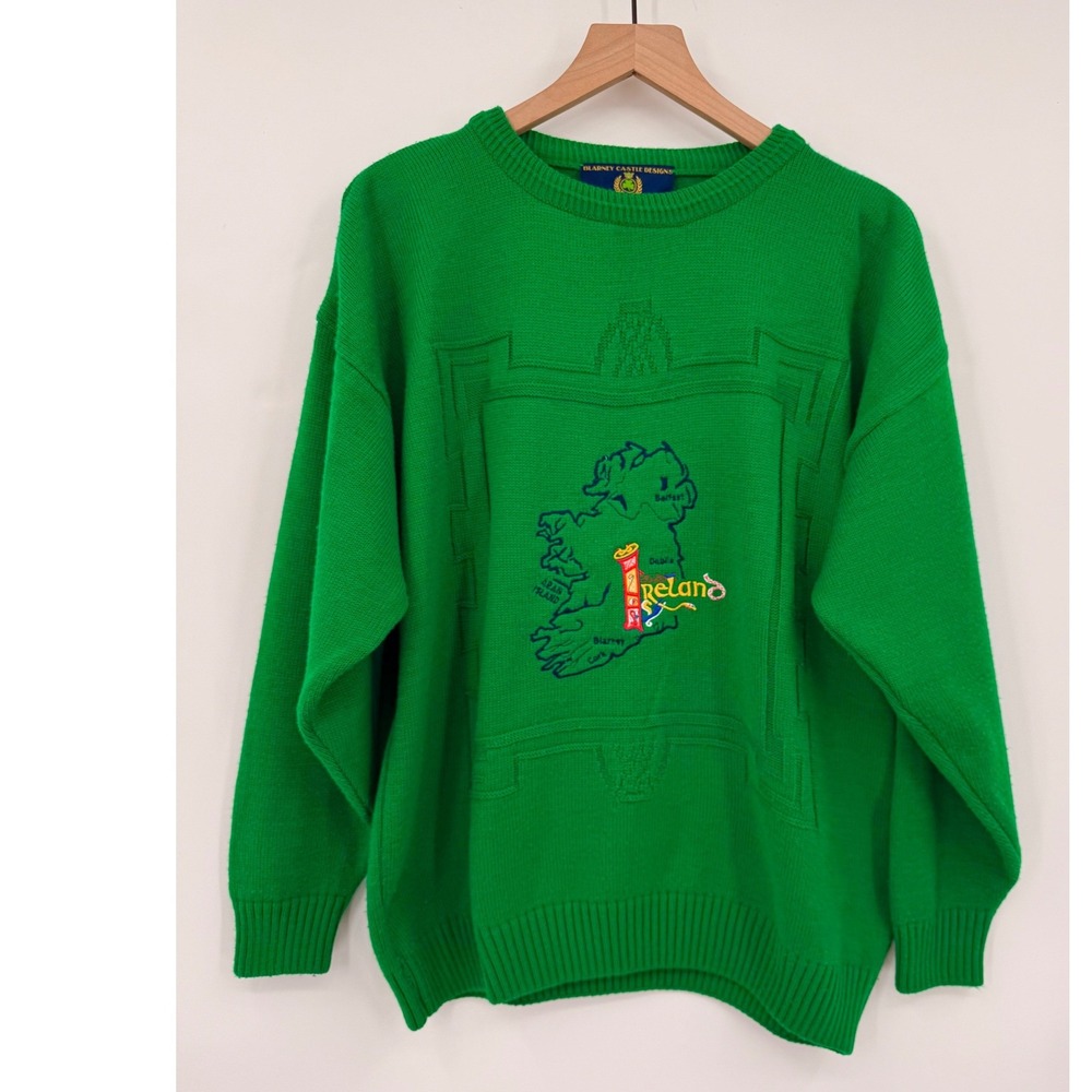 Vintage Blarney Castle Designs Sweater Mens Large Green Ireland Map Graphic Knit